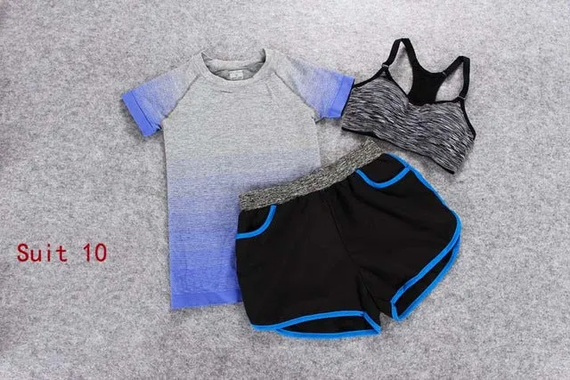 ALBREDA Women Yoga Sport Suit Bra Set 3 Piece Female Short-sleeves Summer Outdoor perspiration wicking Sportwear Running Clothes