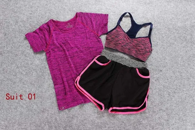 ALBREDA Women Yoga Sport Suit Bra Set 3 Piece Female Short-sleeves Summer Outdoor perspiration wicking Sportwear Running Clothes