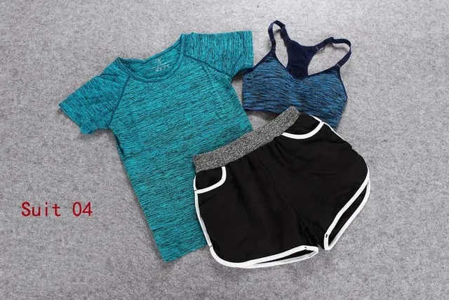 ALBREDA Women Yoga Sport Suit Bra Set 3 Piece Female Short-sleeves Summer Outdoor perspiration wicking Sportwear Running Clothes