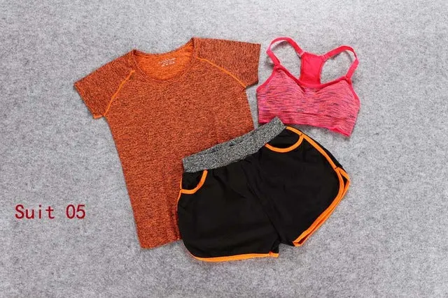 ALBREDA Women Yoga Sport Suit Bra Set 3 Piece Female Short-sleeves Summer Outdoor perspiration wicking Sportwear Running Clothes