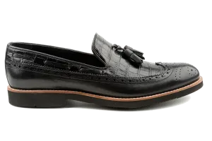 Alligator Pattern Embossed Leather Tassel Loafers, Longwing Black Leather Loafers for Men, Comfortable Leather Slip-On  Loafers Kea by Debbano