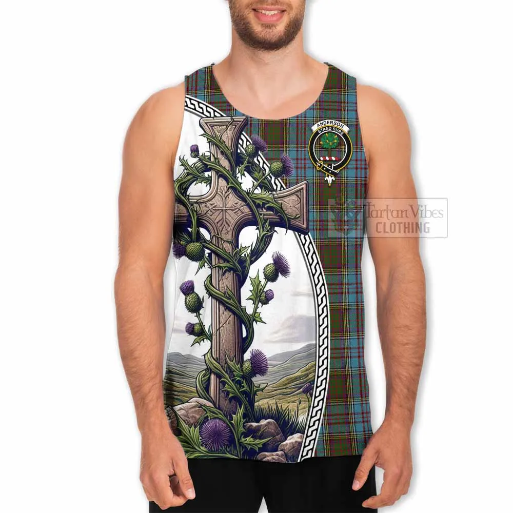 Anderson Tartan Men's Tank Top with Family Crest and St. Andrew's Cross Accented by Thistle Vines