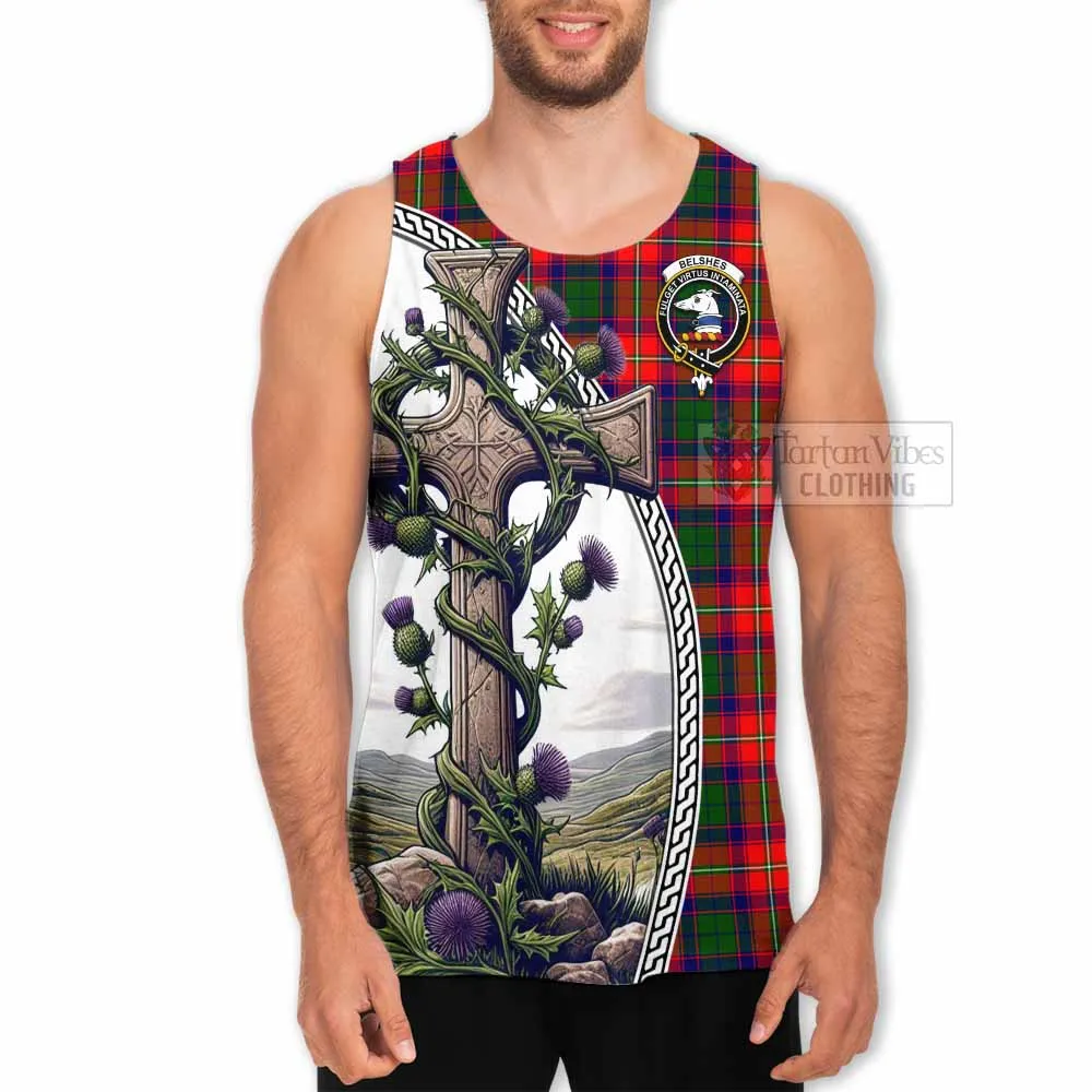 Belshes (Belsches) Tartan Men's Tank Top with Family Crest and St. Andrew's Cross Accented by Thistle Vines