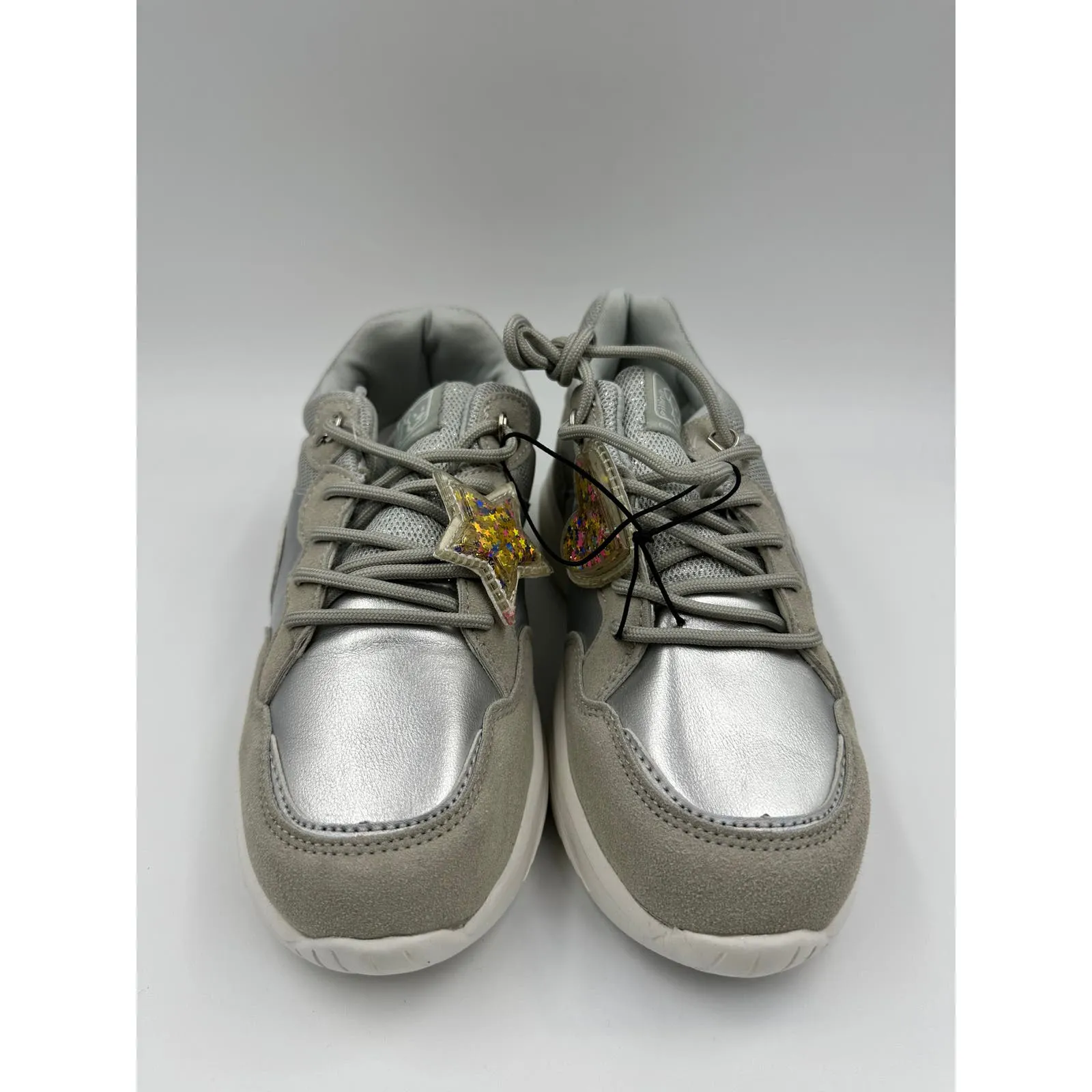 Big Kid Size 4 Silver Fashion Sneaker with Sparkles and Gray Suede Trim