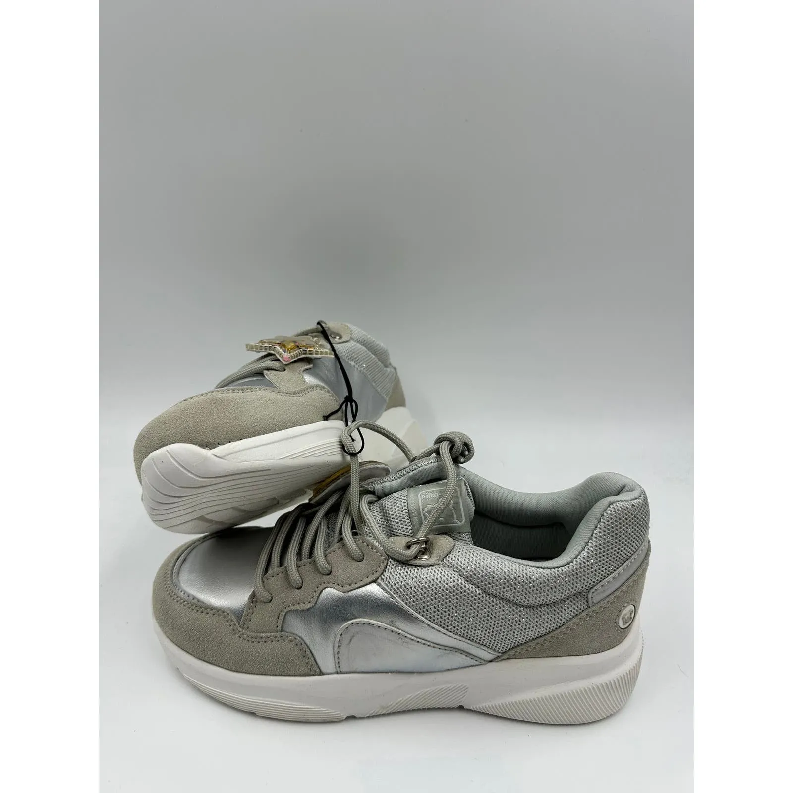 Big Kid Size 4 Silver Fashion Sneaker with Sparkles and Gray Suede Trim