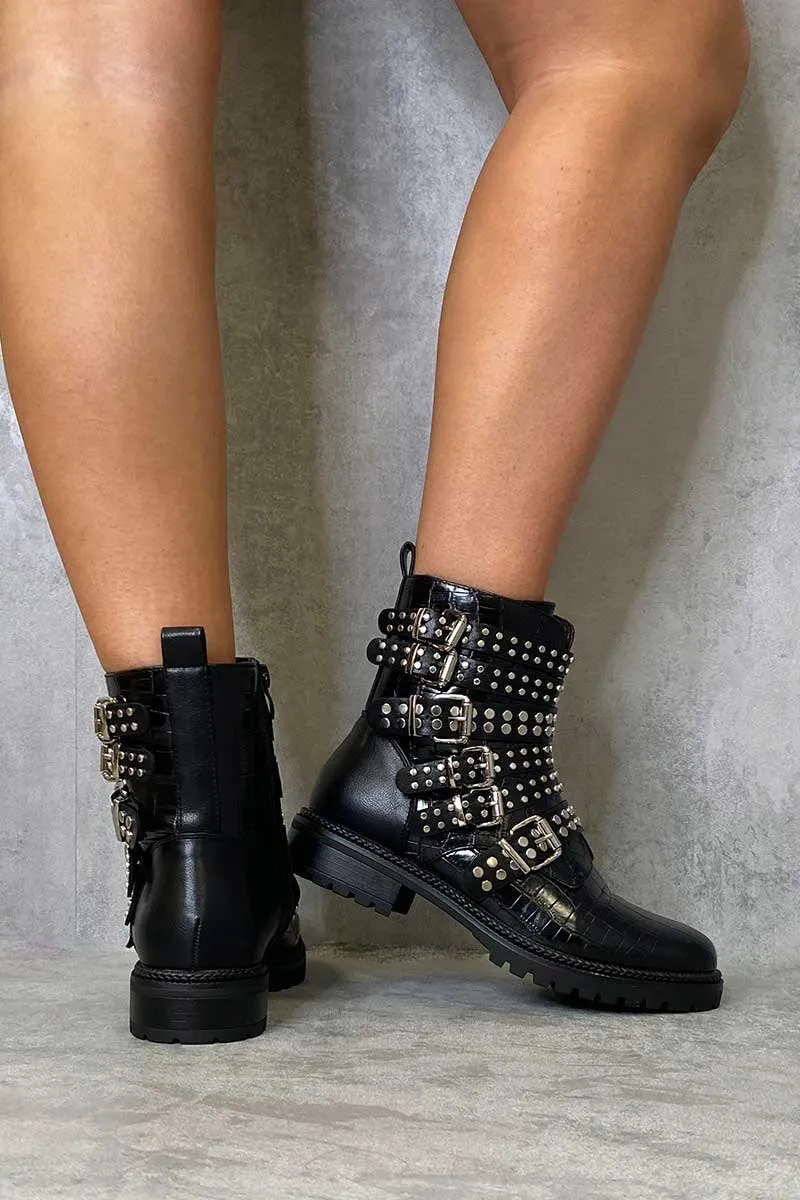 Black Croc Multi Buckle Ankle Boot - Whitley