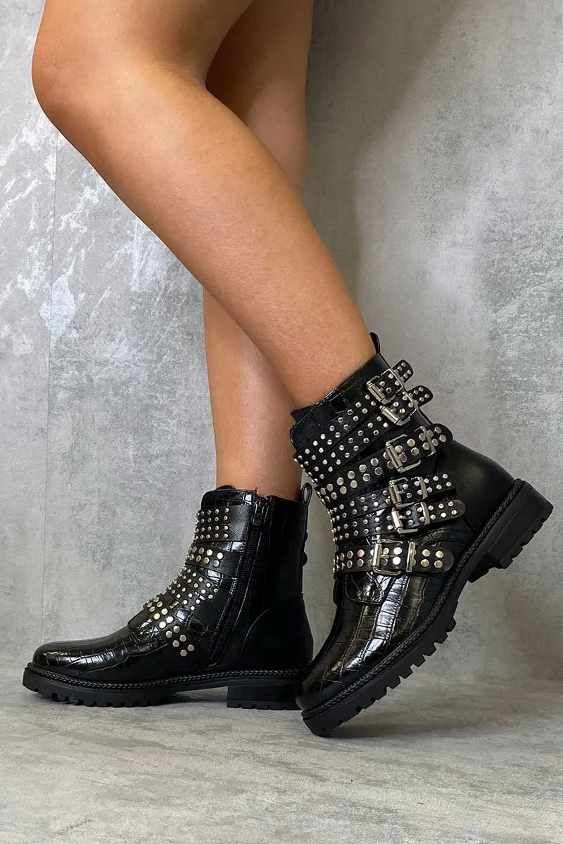 Black Croc Multi Buckle Ankle Boot - Whitley