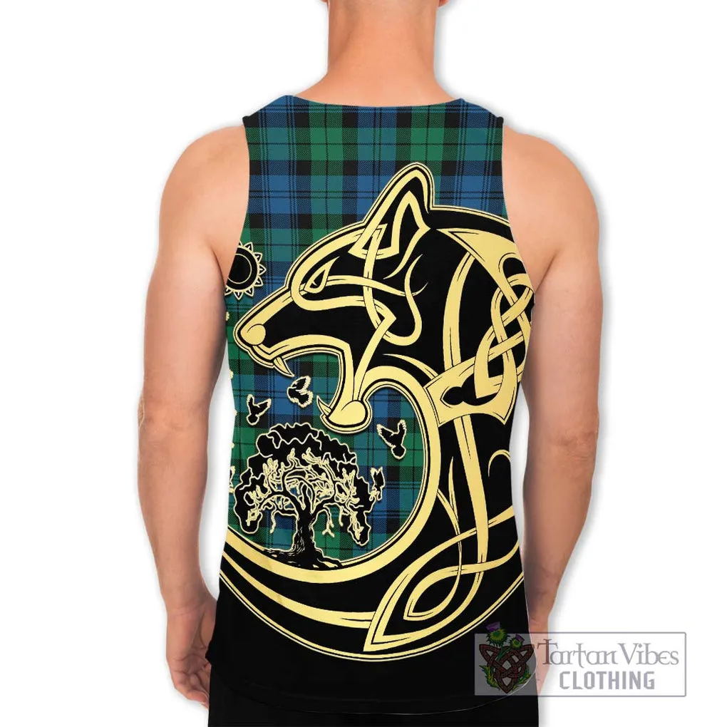 Black Watch Ancient Tartan Men's Tank Top with Family Crest Celtic Wolf Style