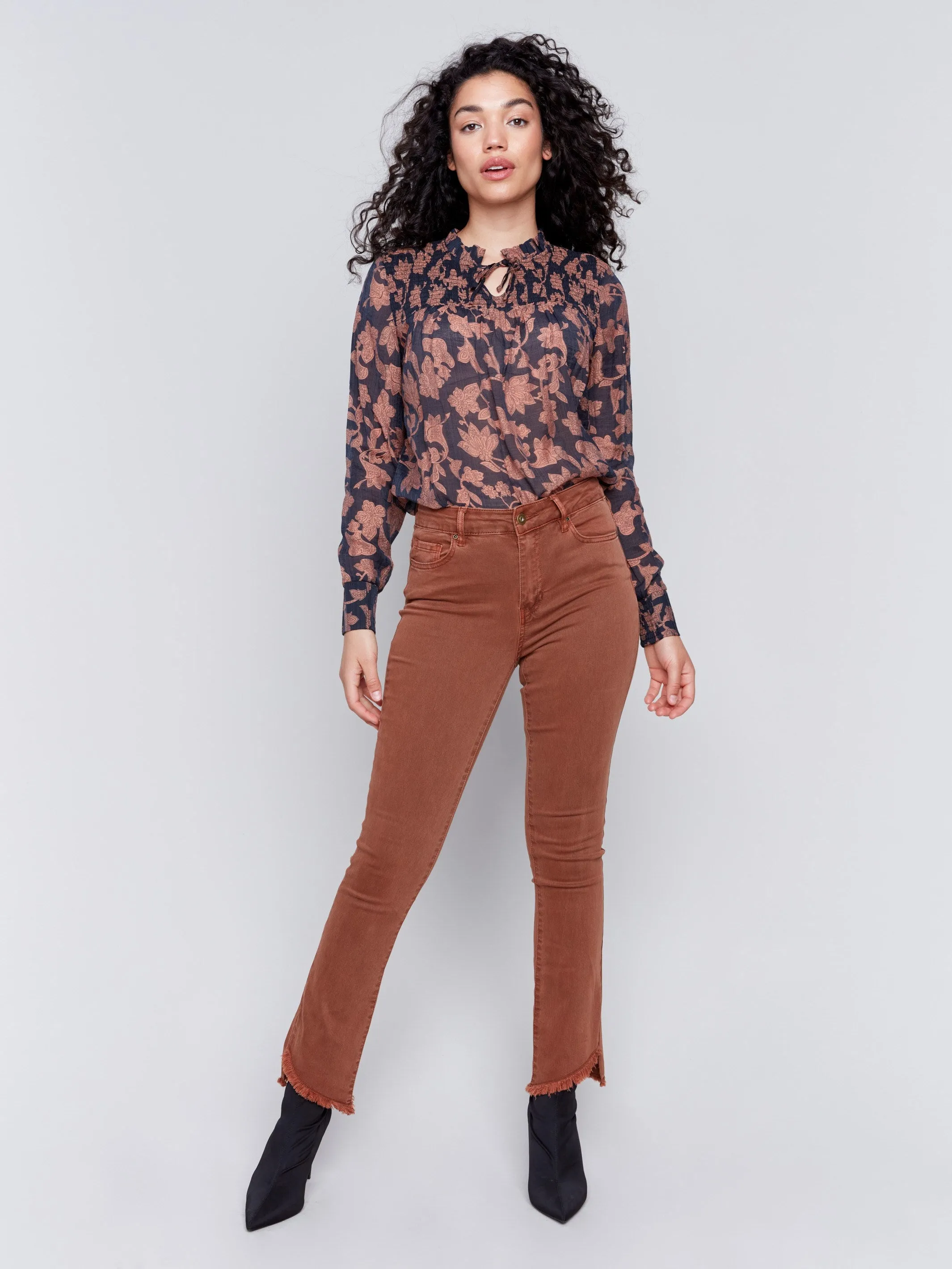 Bootcut Twill Pants with Asymmetrical Hem - Terracotta