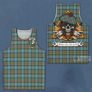 Brisbane Tartan Men's Tank Top with Family Crest and Bearded Skull Holding Bottles of Whiskey