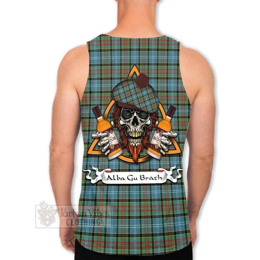 Brisbane Tartan Men's Tank Top with Family Crest and Bearded Skull Holding Bottles of Whiskey