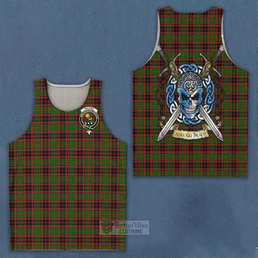 Buchan Tartan Men's Tank Top with Family Crest Celtic Skull Style