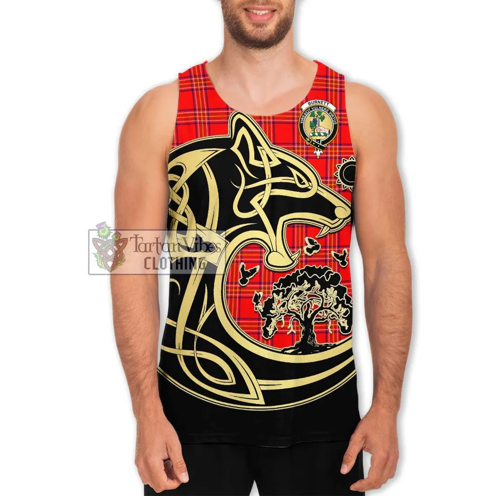 Burnett Modern Tartan Men's Tank Top with Family Crest Celtic Wolf Style