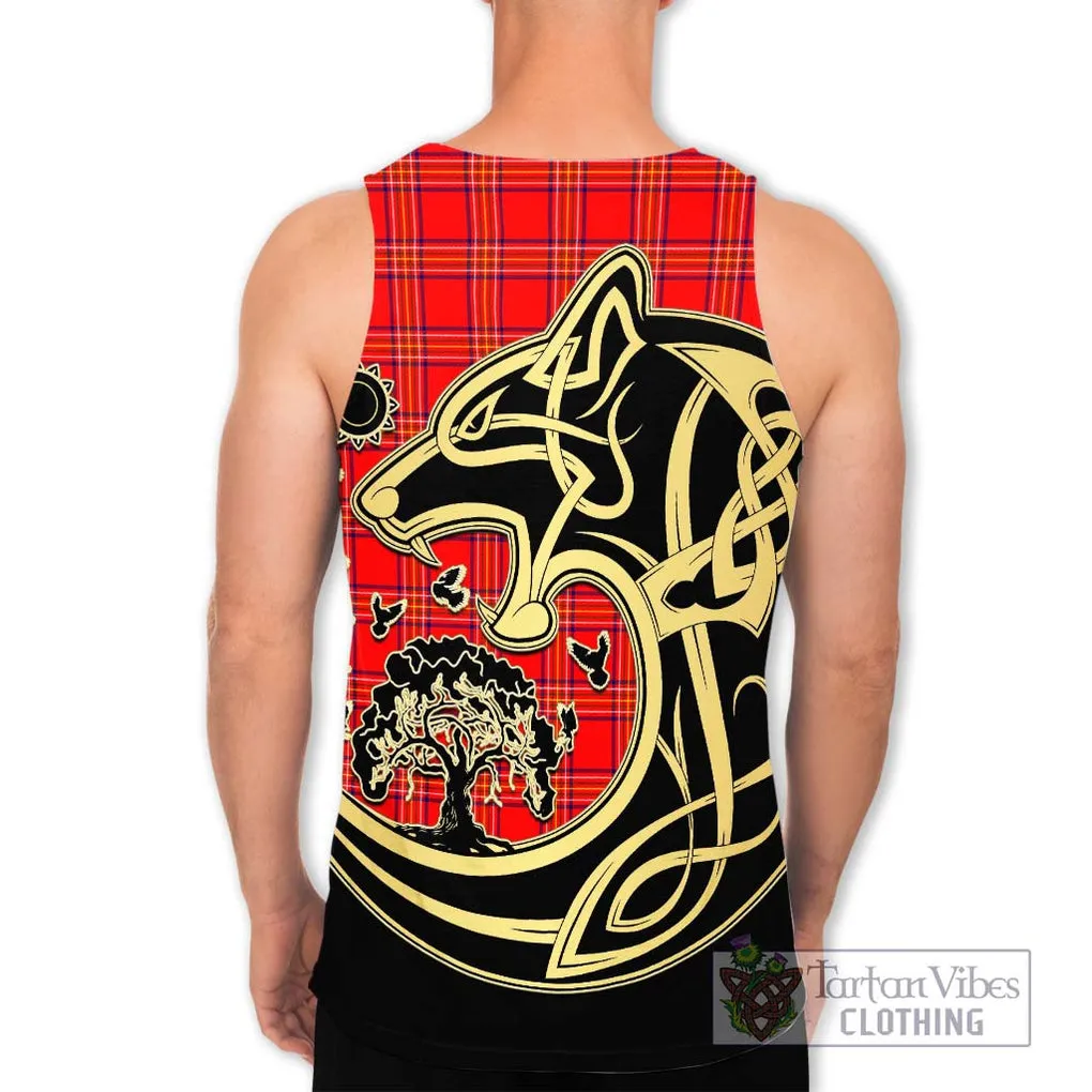 Burnett Modern Tartan Men's Tank Top with Family Crest Celtic Wolf Style