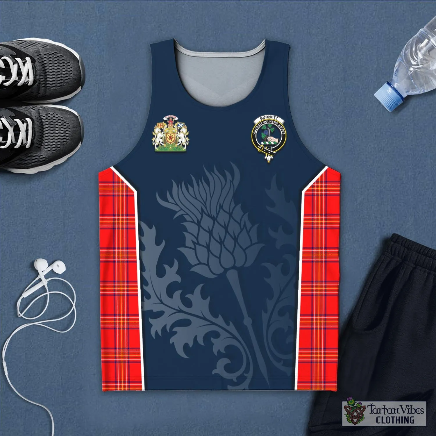 Burnett Modern Tartan Men's Tanks Top with Family Crest and Scottish Thistle Vibes Sport Style