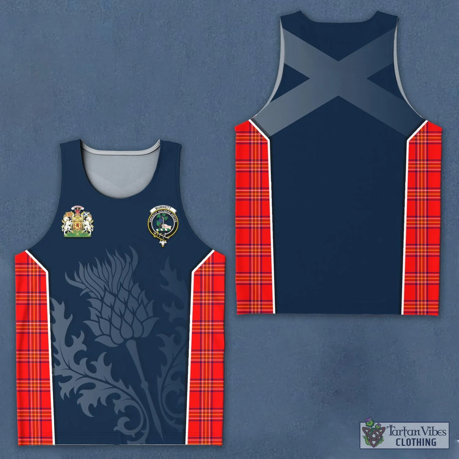 Burnett Modern Tartan Men's Tanks Top with Family Crest and Scottish Thistle Vibes Sport Style