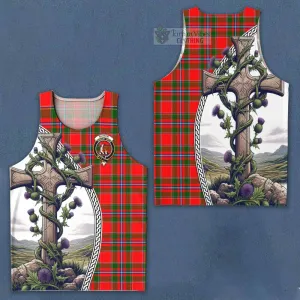 Butter Tartan Men's Tank Top with Family Crest and St. Andrew's Cross Accented by Thistle Vines