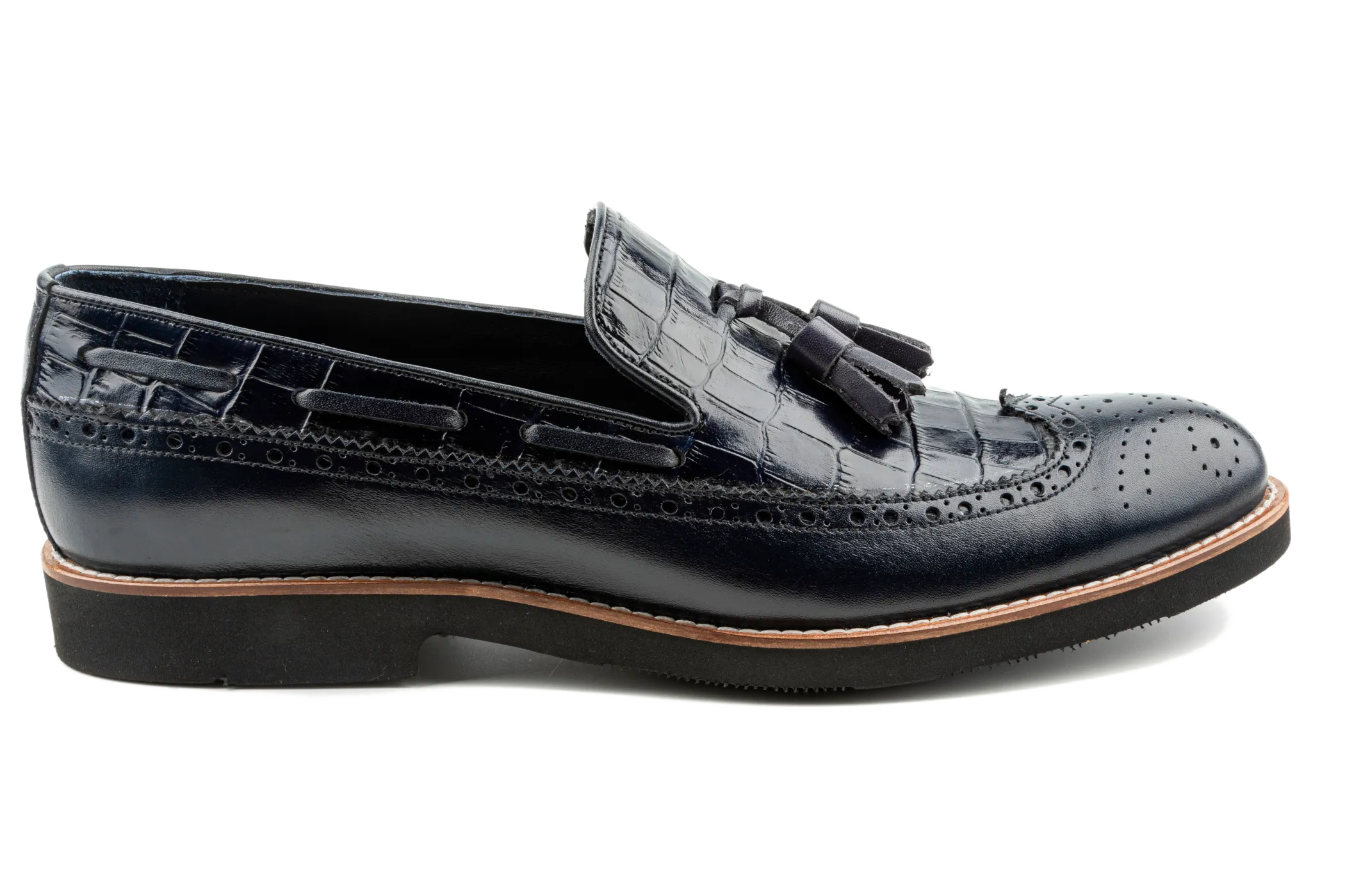 Debbano Kea Alligator Pattern Embossed and Brogue Top Grain Leather Tassel Loafers, Longwing Black Leather Tassel Loafers, Comfortable Loafers