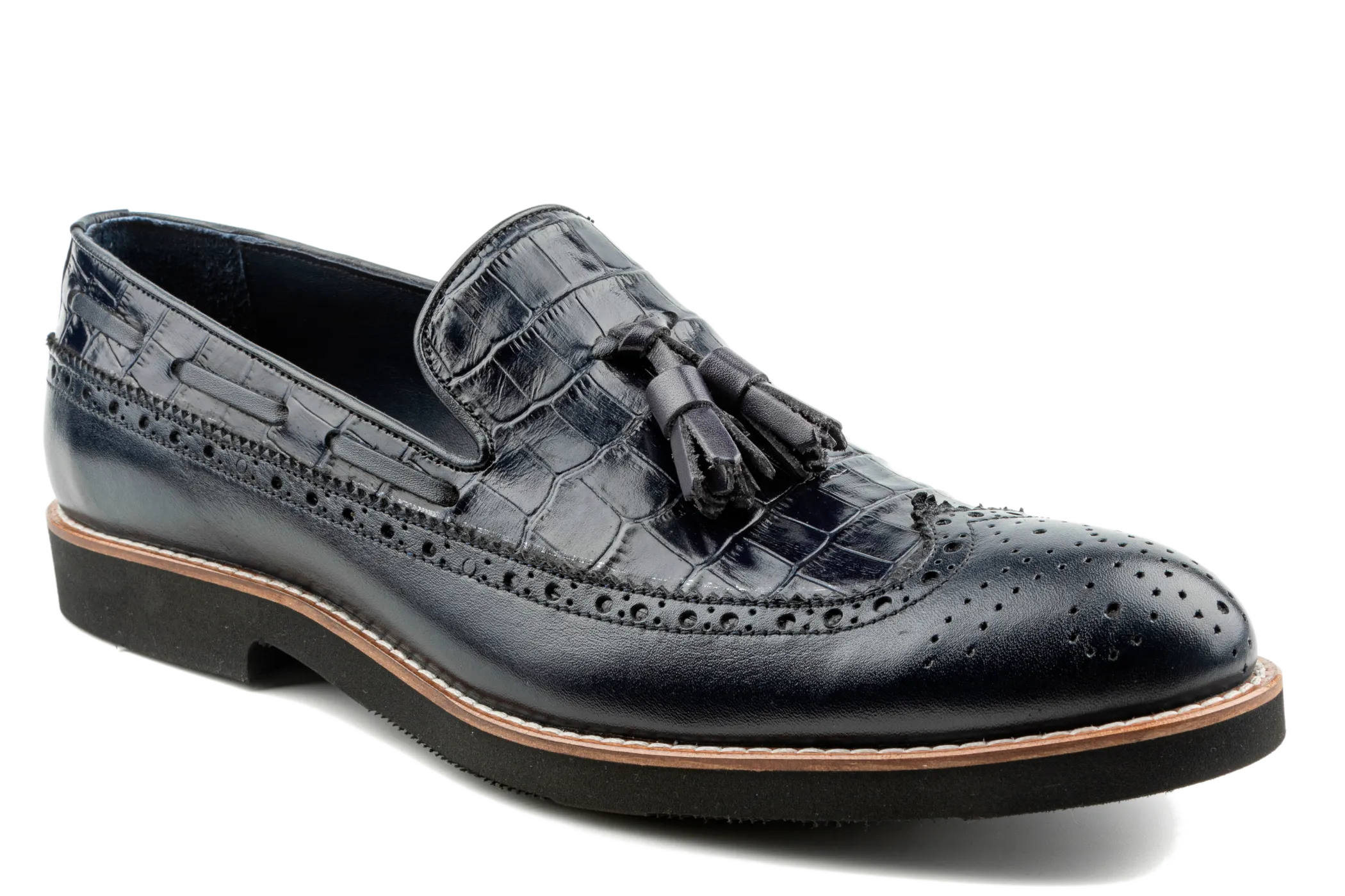 Debbano Kea Alligator Pattern Embossed and Brogue Top Grain Leather Tassel Loafers, Longwing Black Leather Tassel Loafers, Comfortable Loafers