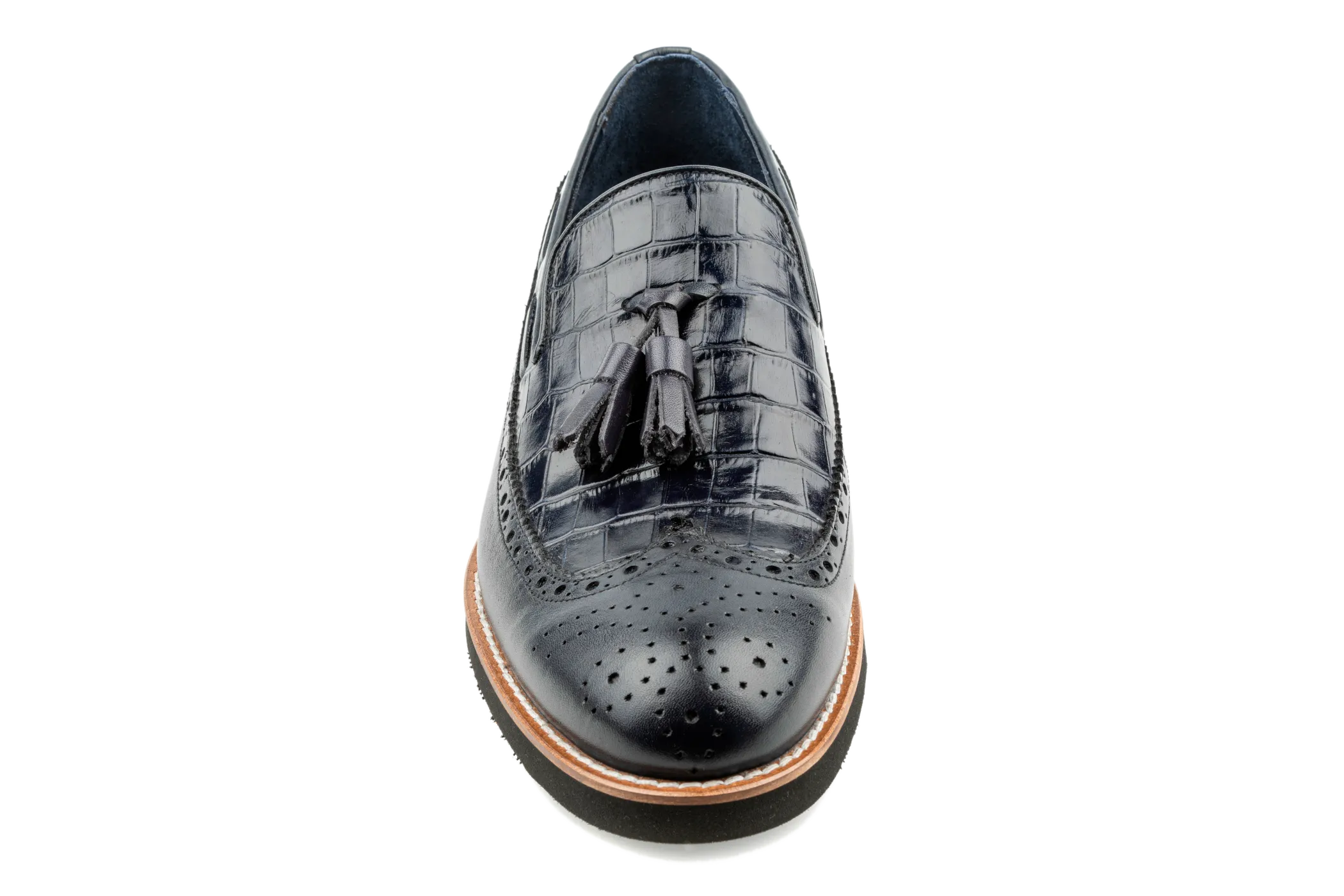 Debbano Kea Alligator Pattern Embossed and Brogue Top Grain Leather Tassel Loafers, Longwing Black Leather Tassel Loafers, Comfortable Loafers