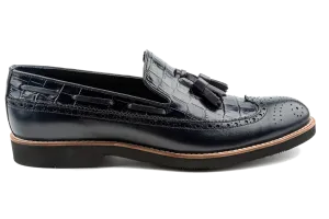 Debbano Kea Alligator Pattern Embossed and Brogue Top Grain Leather Tassel Loafers, Longwing Black Leather Tassel Loafers, Comfortable Loafers