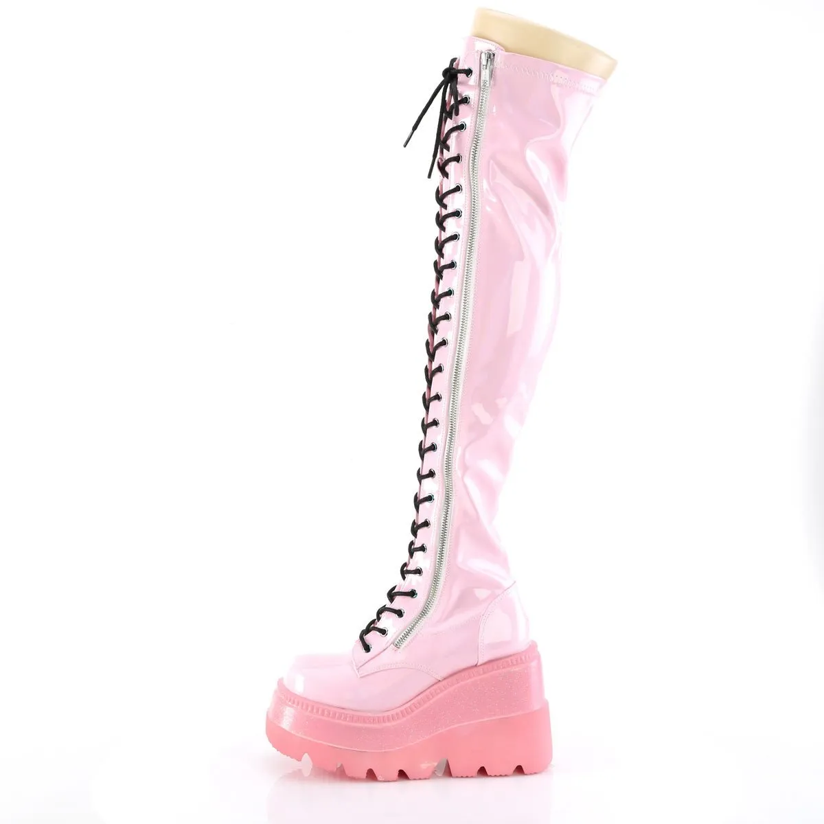 Demonia SHAKER-374-1 | Pink Holo Stretch Patent Above Knee Boots