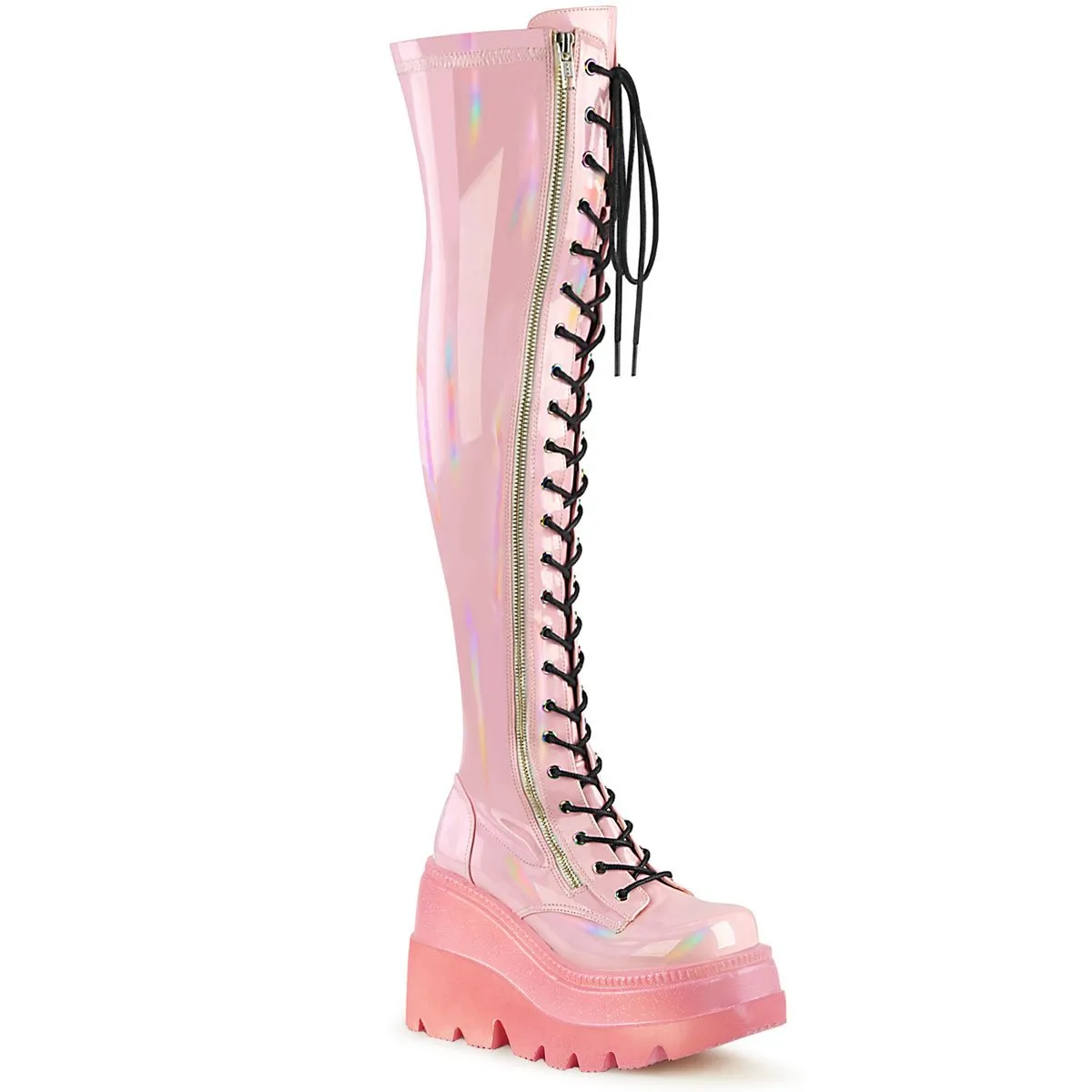 Demonia SHAKER-374-1 | Pink Holo Stretch Patent Above Knee Boots