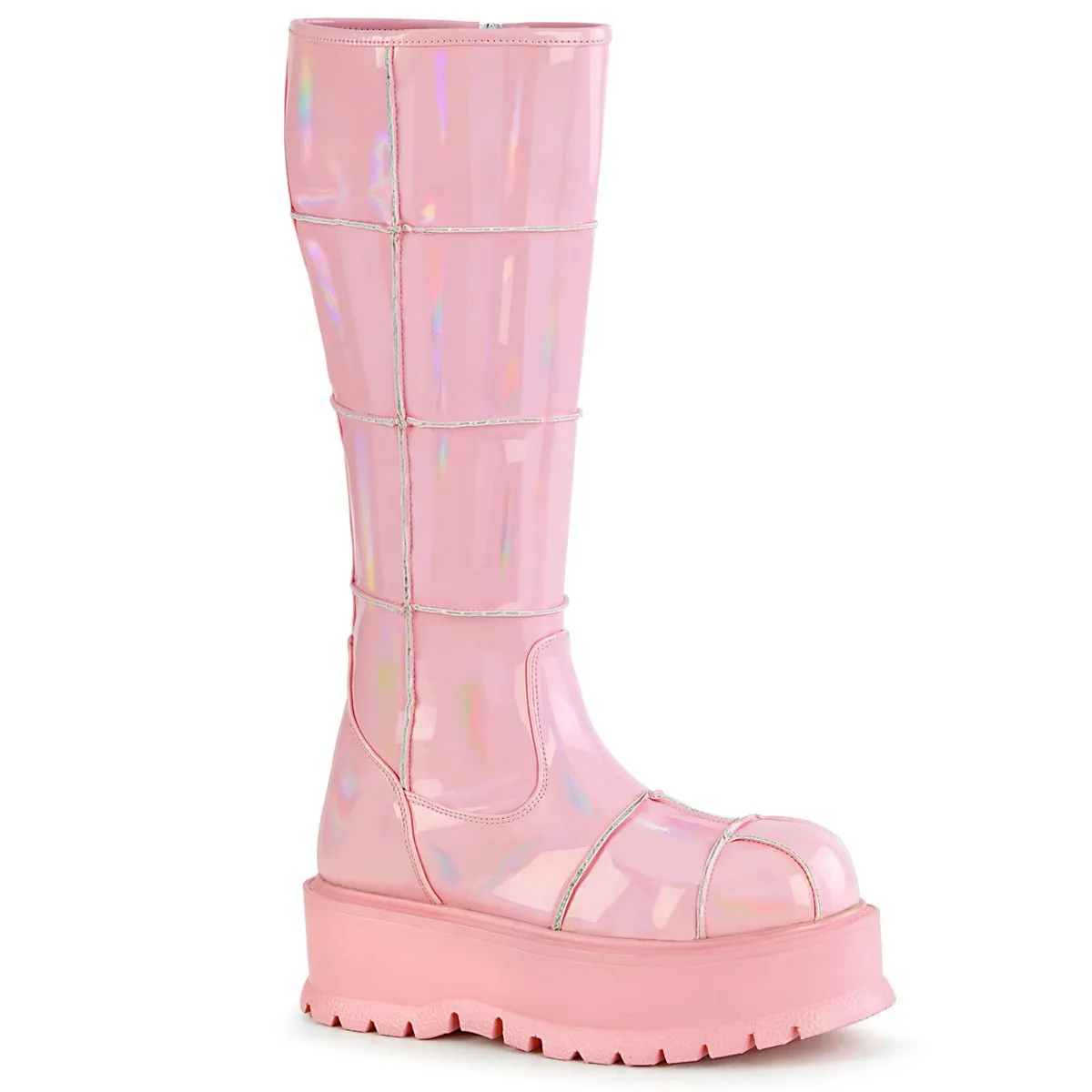 Demonia SLACKER-230 | Baby Pink Hologram Patent Knee High Boots