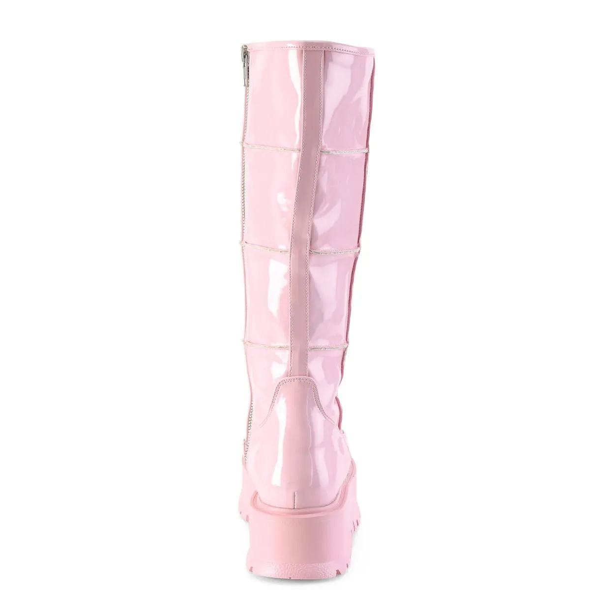 Demonia SLACKER-230 | Baby Pink Hologram Patent Knee High Boots