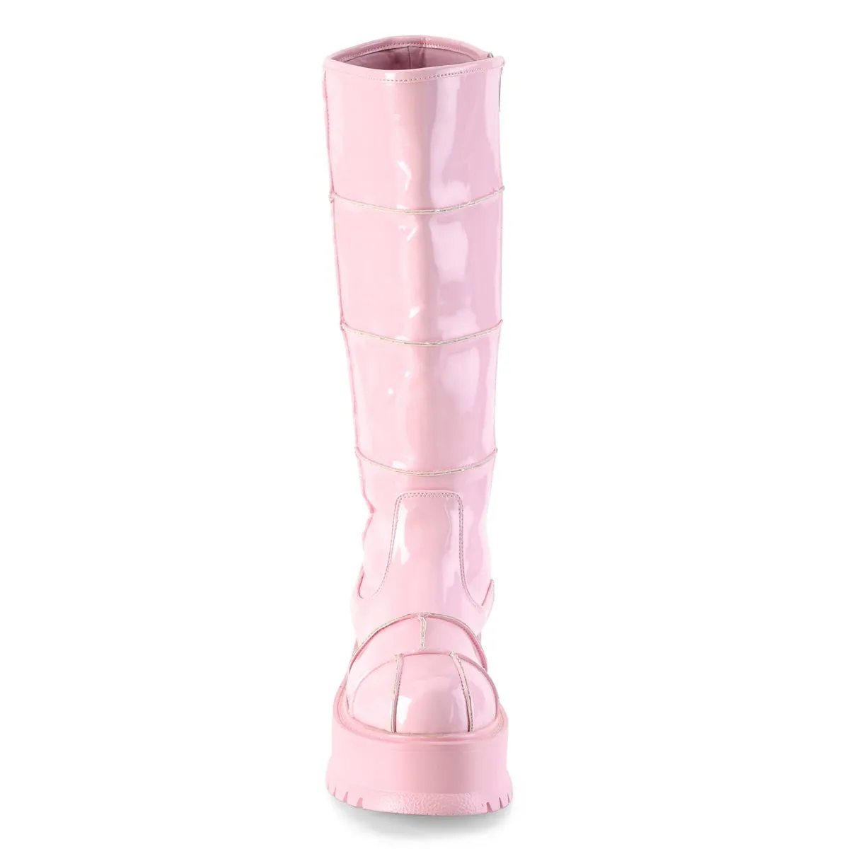 Demonia SLACKER-230 | Baby Pink Hologram Patent Knee High Boots