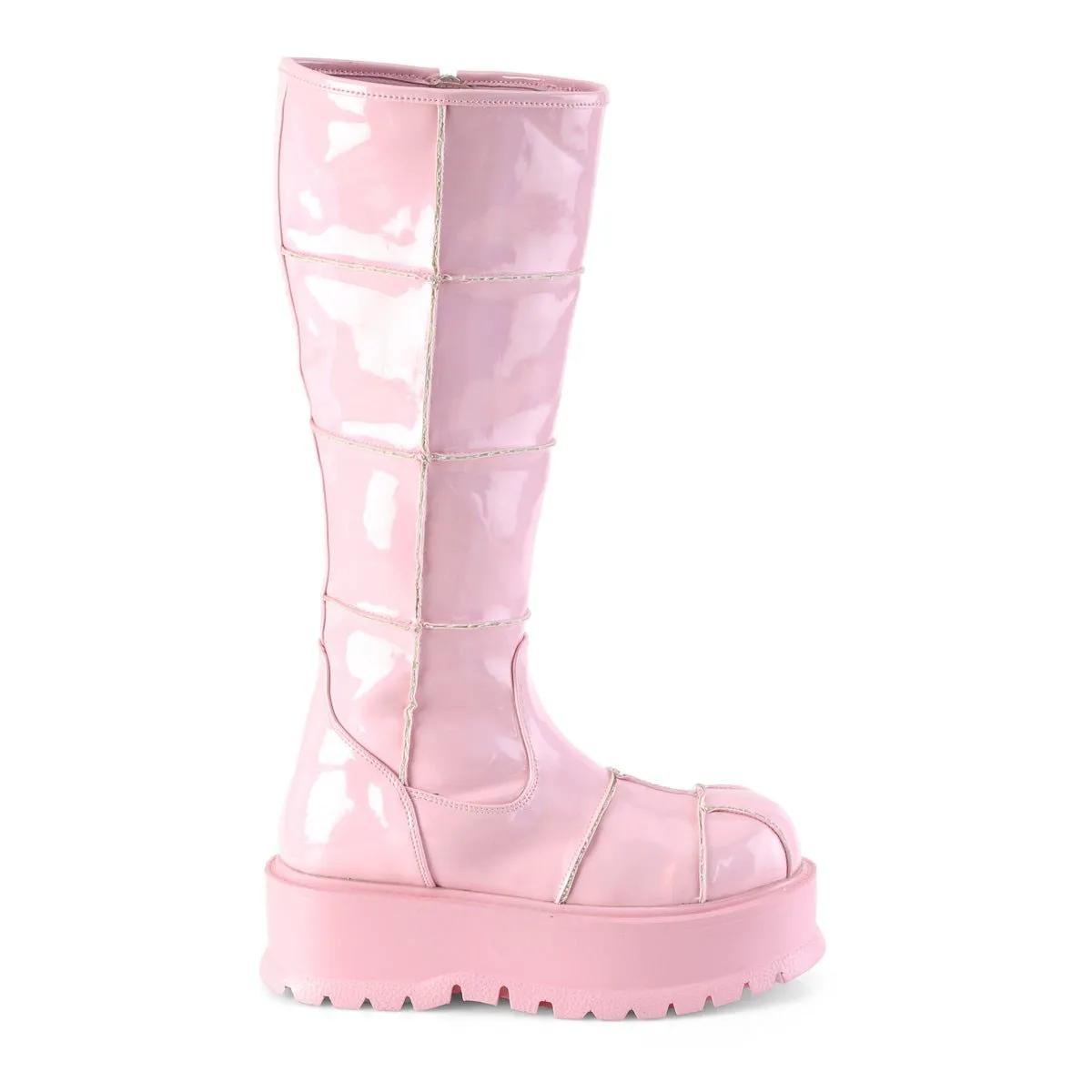 Demonia SLACKER-230 | Baby Pink Hologram Patent Knee High Boots