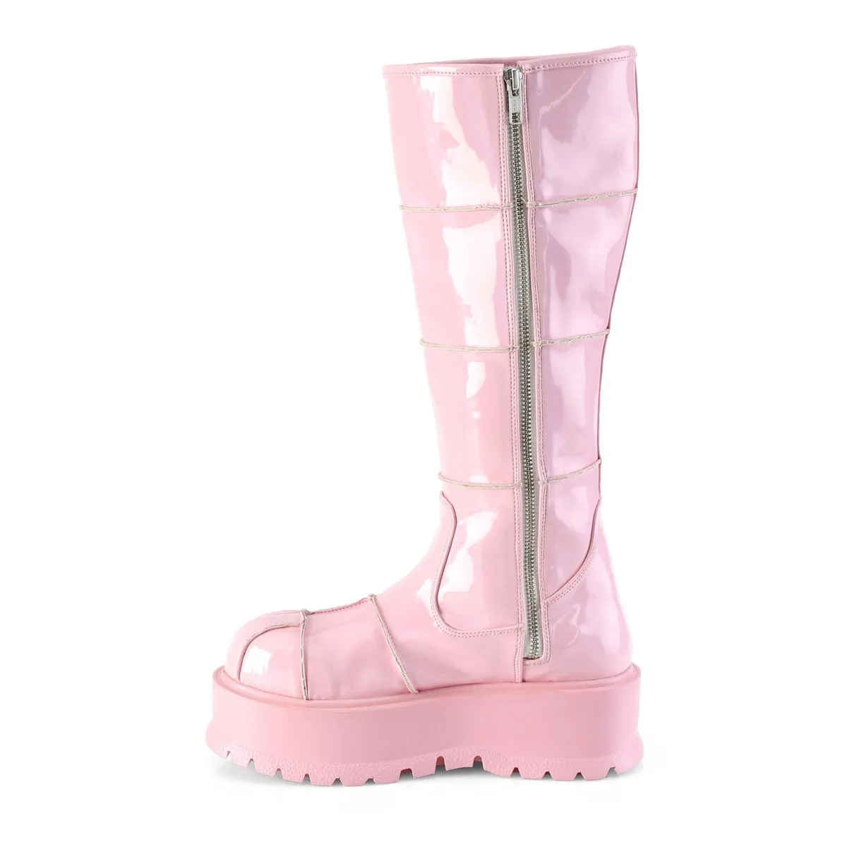 Demonia SLACKER-230 | Baby Pink Hologram Patent Knee High Boots