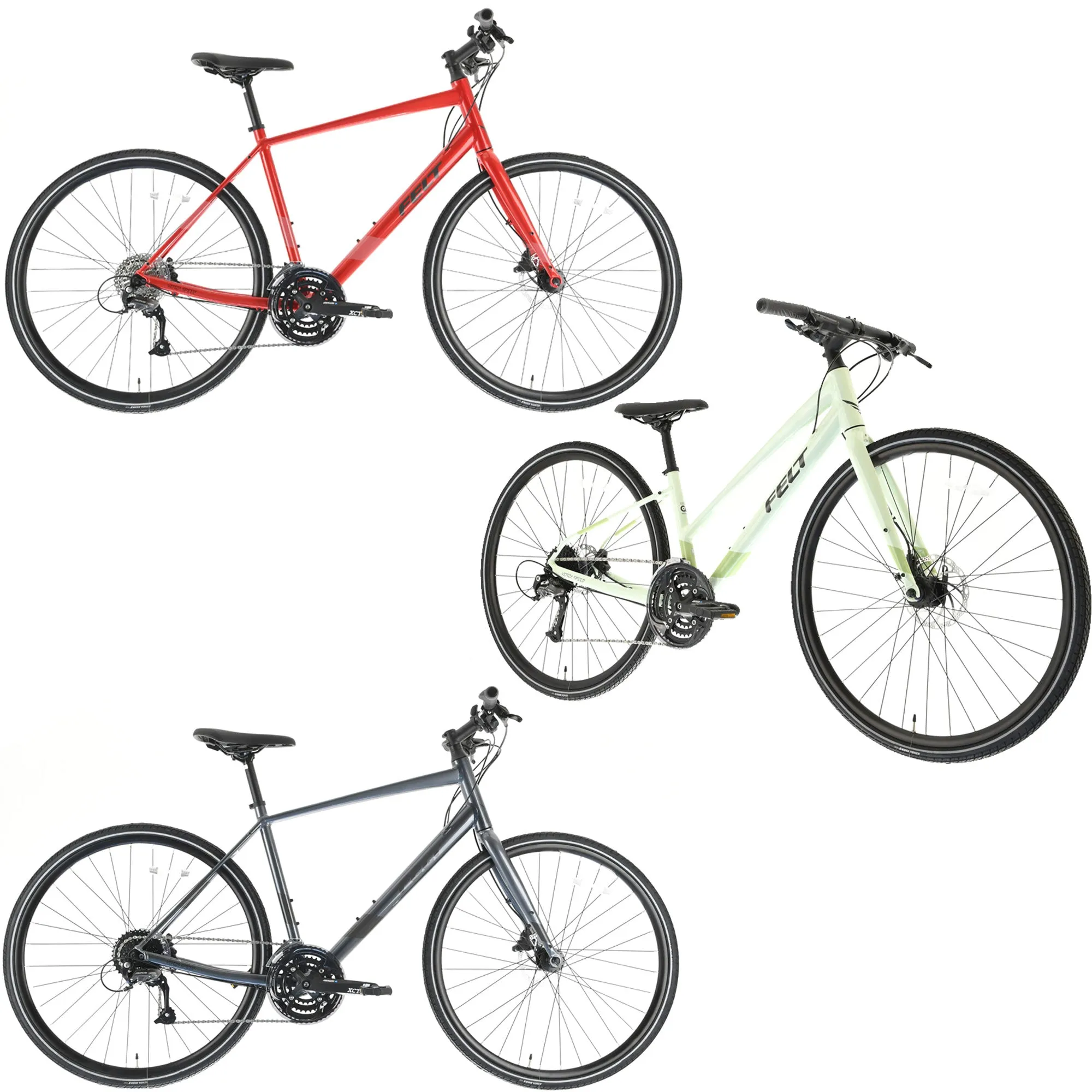 Felt Verza Speed 40, 27-Speed Shimano Upright Hybrid Disc Brake Bike Black, Red, Green