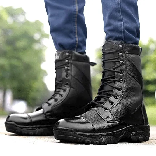 Full Black Pure Leather Army Boots For Men's-JonasParamount