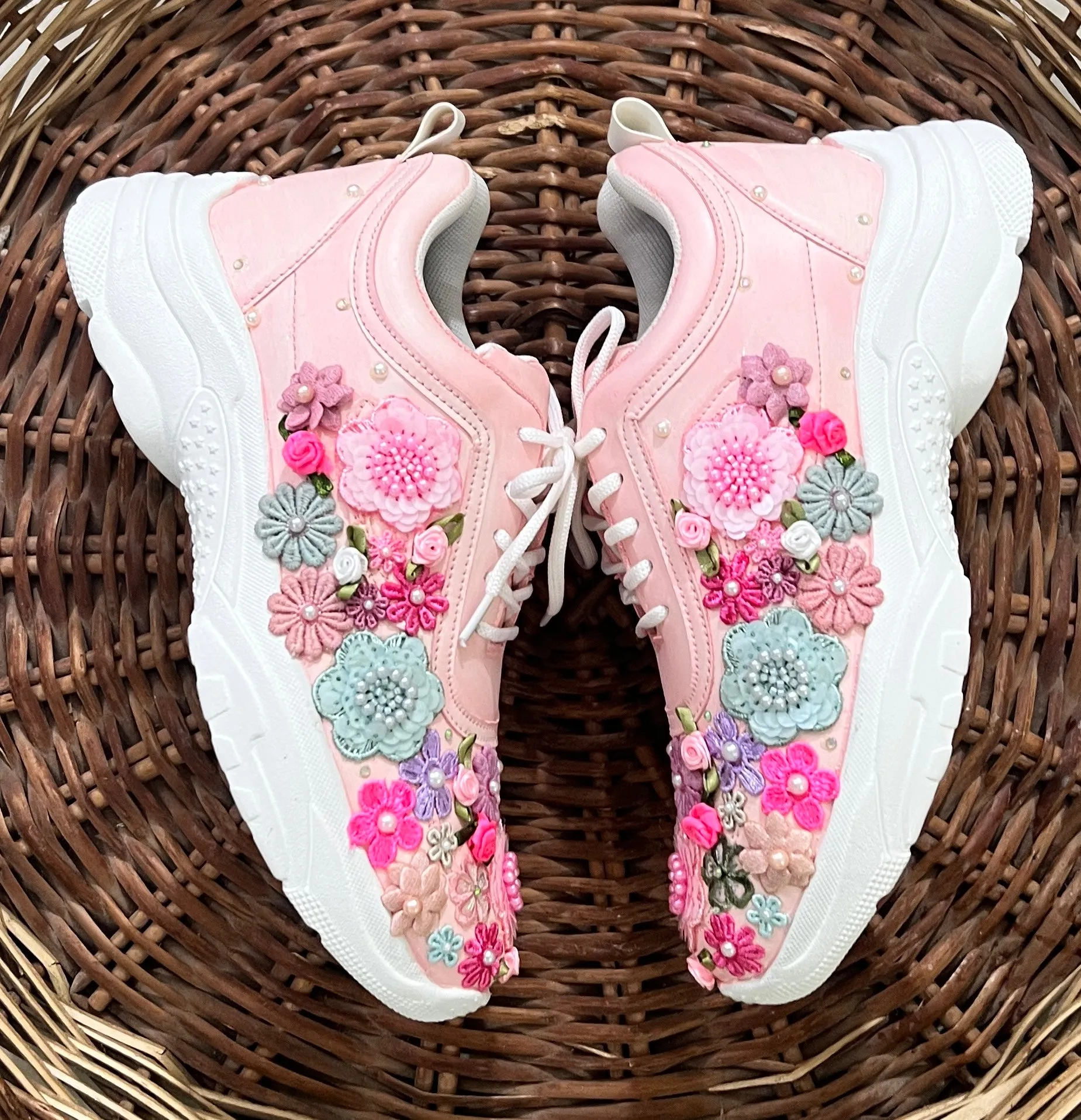 FUNKY N TRENDY hand embroidered floral work sneakers/ soft peach sneakers /bridal shoes / bridal sneakers / floral sneakers/flower shoes /bridesmaid sneakers/ pink shoes / pink sneakers/ peach sneakers