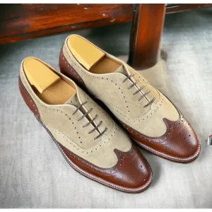 Hand Painted Men's Beige Brown Wing Tip Shoes, Leather Suede Spectator Lace Up Shoes