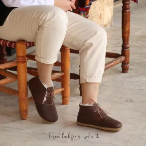 Handmade Brown Barefoot Shearling Oxford Boots For Women