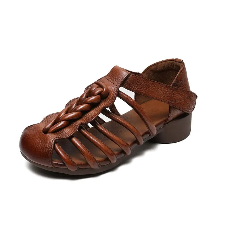 Handmade Leather Gladiator Sandals Retro Woven in Coffee/Black