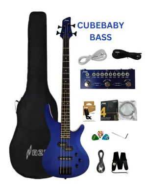 Haze SBG-387JB Electric Bass Guitar, 4-String, Navy Metallic Blue with Accessories and Haze CUBEBABY Multi Effects Pedals(Optional)