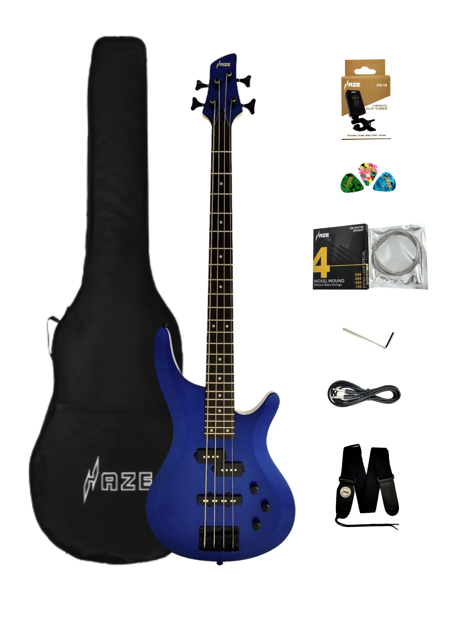 Haze SBG-387JB Electric Bass Guitar, 4-String, Navy Metallic Blue with Accessories and Haze CUBEBABY Multi Effects Pedals(Optional)