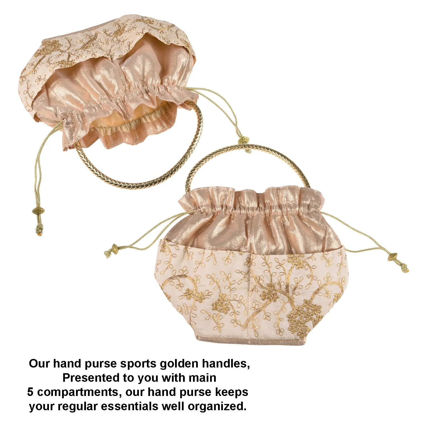 Kuber Industries Hand Bag|Silk Embroidery Drawstring Bag|Traditional Indian Handmade 5 Pocket Potli Bag with Golden Handle|Pack of 2 (Cream)