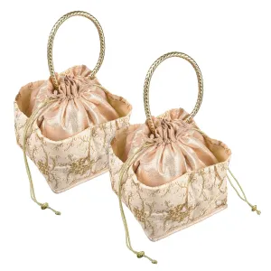 Kuber Industries Hand Bag|Silk Embroidery Drawstring Bag|Traditional Indian Handmade 5 Pocket Potli Bag with Golden Handle|Pack of 2 (Cream)