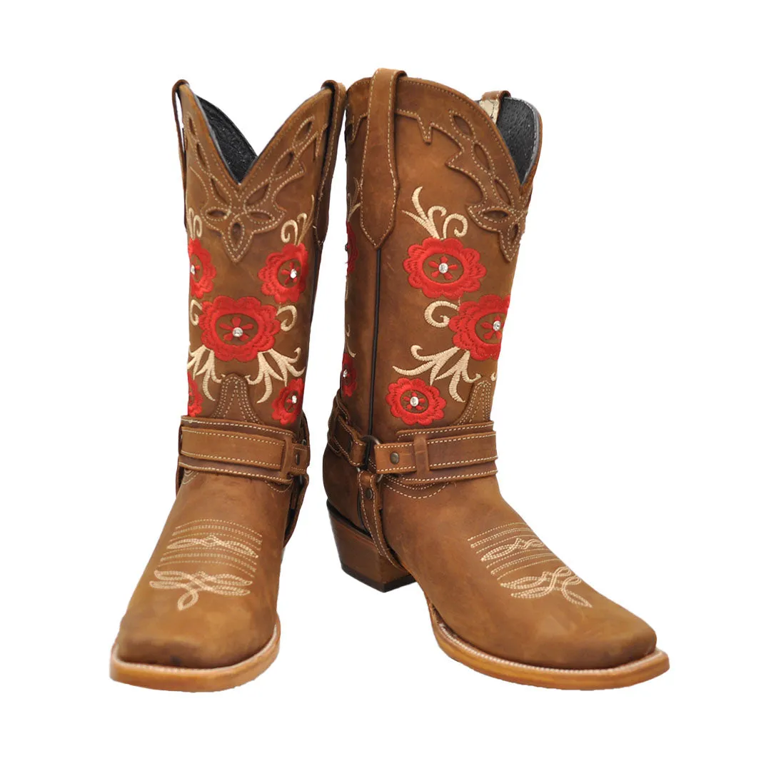 Luma Women's Red Roses Square Toe Western Brown Boots