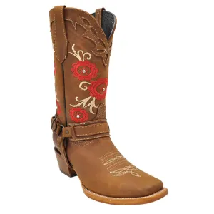 Luma Women's Red Roses Square Toe Western Brown Boots