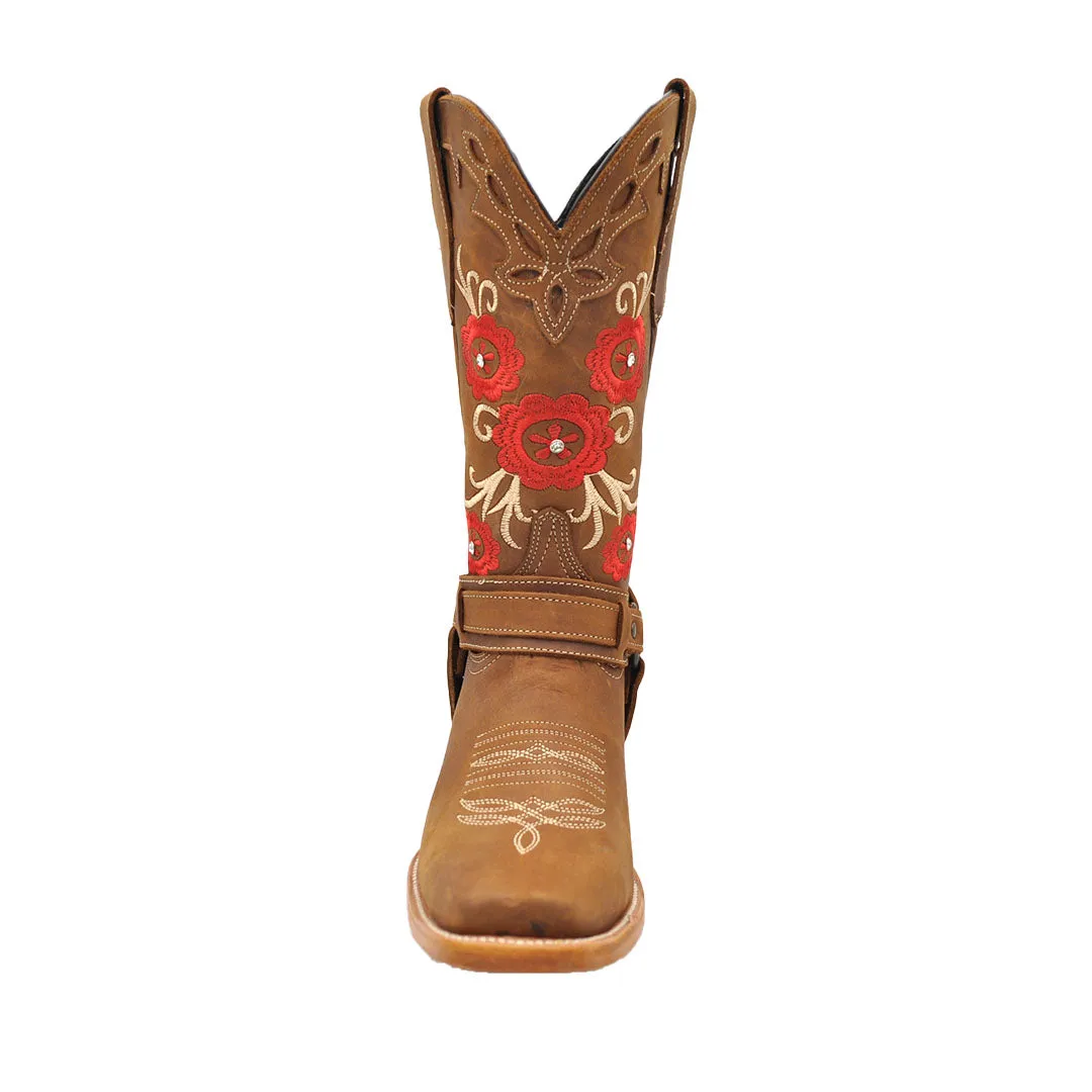 Luma Women's Red Roses Square Toe Western Brown Boots