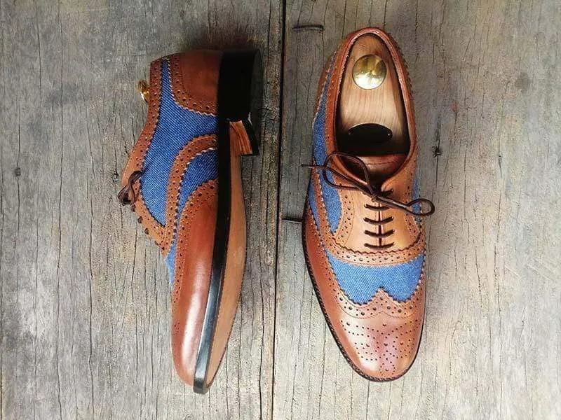 Men's Two Tone Wing Tip Brogue Denim Leather Shoes