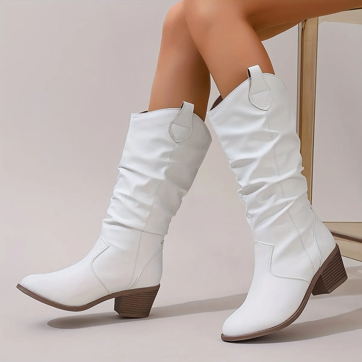 Multi-Season Chic Women's Motorcycle Boots: Comfy Block Heel, Solid Color, Slip-On, Round Toe Fashion