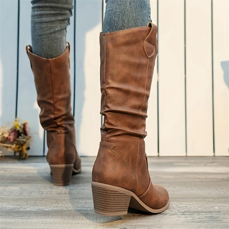 Multi-Season Chic Women's Motorcycle Boots: Comfy Block Heel, Solid Color, Slip-On, Round Toe Fashion