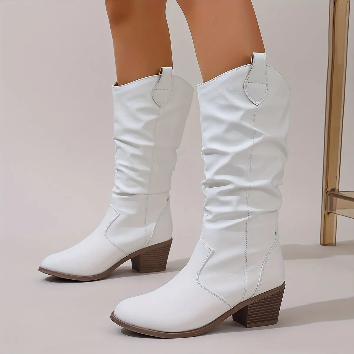 Multi-Season Chic Women's Motorcycle Boots: Comfy Block Heel, Solid Color, Slip-On, Round Toe Fashion