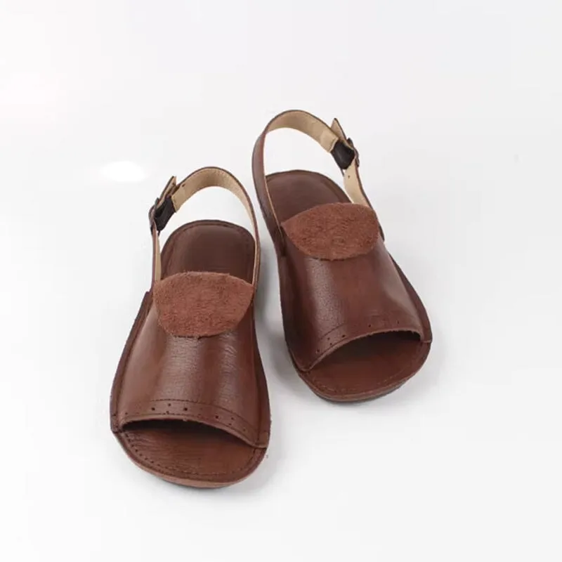 Retro Leather Buckle Sandals Open Toe Handmade Brown/Coffee